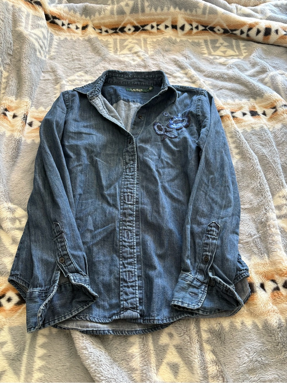 Lauren Ralph Lauren Blue Denim Embroidered Button-Up Jacket
